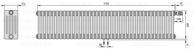 Схема (чертеж) Радиатор Zehnder Charleston 5045/38 №V008 Белый глянцевый RAL 9016